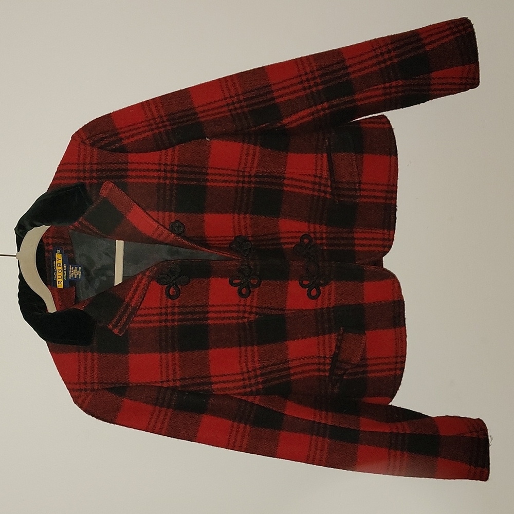 Ralph Lauren Rugby plaid jacket red black 12 wool